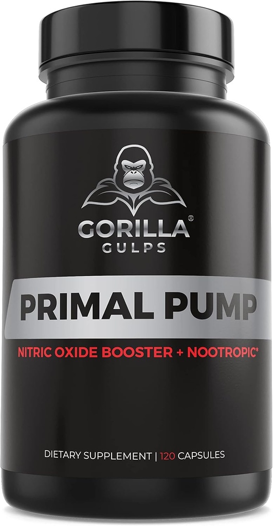 Gorila Gulps - Primal Pump Nitric Oxide Doplněk Nootropic 1500mg Nitrosigine L Arginin & Beet Root for Muscle Growth, Pumps, Blood Flow, Energy & Focus - Max Strength Pre Workout N.O. Booster