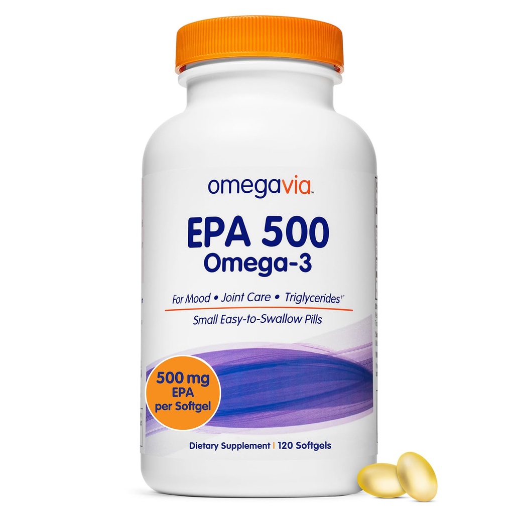 OmegaVia EPA 500, Purified Omega33 Fish Oil Supplement, 500 mg EPA v triglyceridové formě, Burless Fish Oil, Non- GMO, gluten- Free, IFOS 5-Star, 120 Softgels