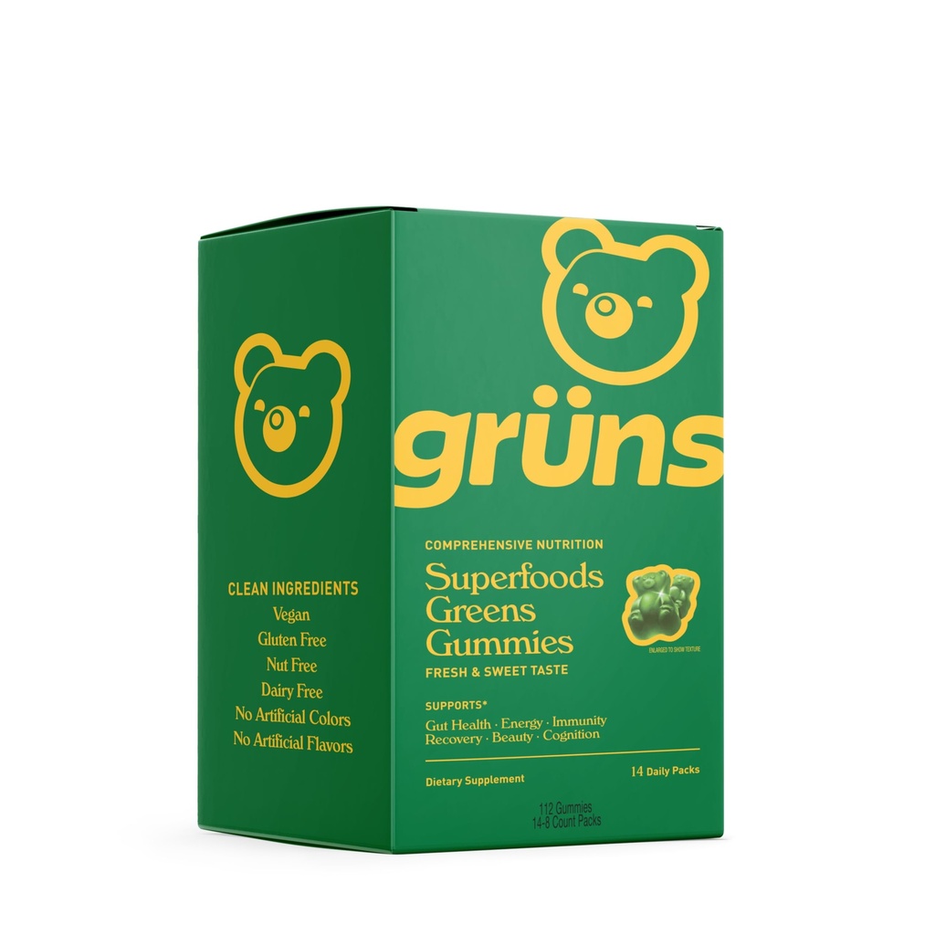 Gurny Super Zelené Gummy Bears - Organic Spirulina and Chlorella, Prebiotika pro stravitelné zdraví, 20 + Vitamíny a minerály - 14 sáčků - 112 Gummies