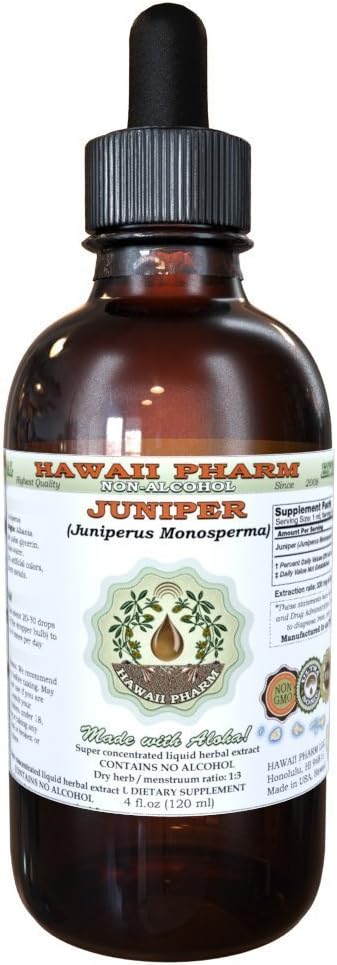 Juniper Alcohol- Free Liquid Extract, Organic Juniper (Juniperus Monosperma) Sušený Berry Glycerite Hawaii Pharm Natural Herbal Dodatek 4 oz