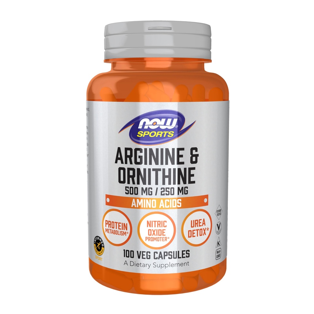 Nyní Sportovní výživa, Arginin & Ornithin 500 / 250 mg, aminokyseliny, 100 Veg Kapsle