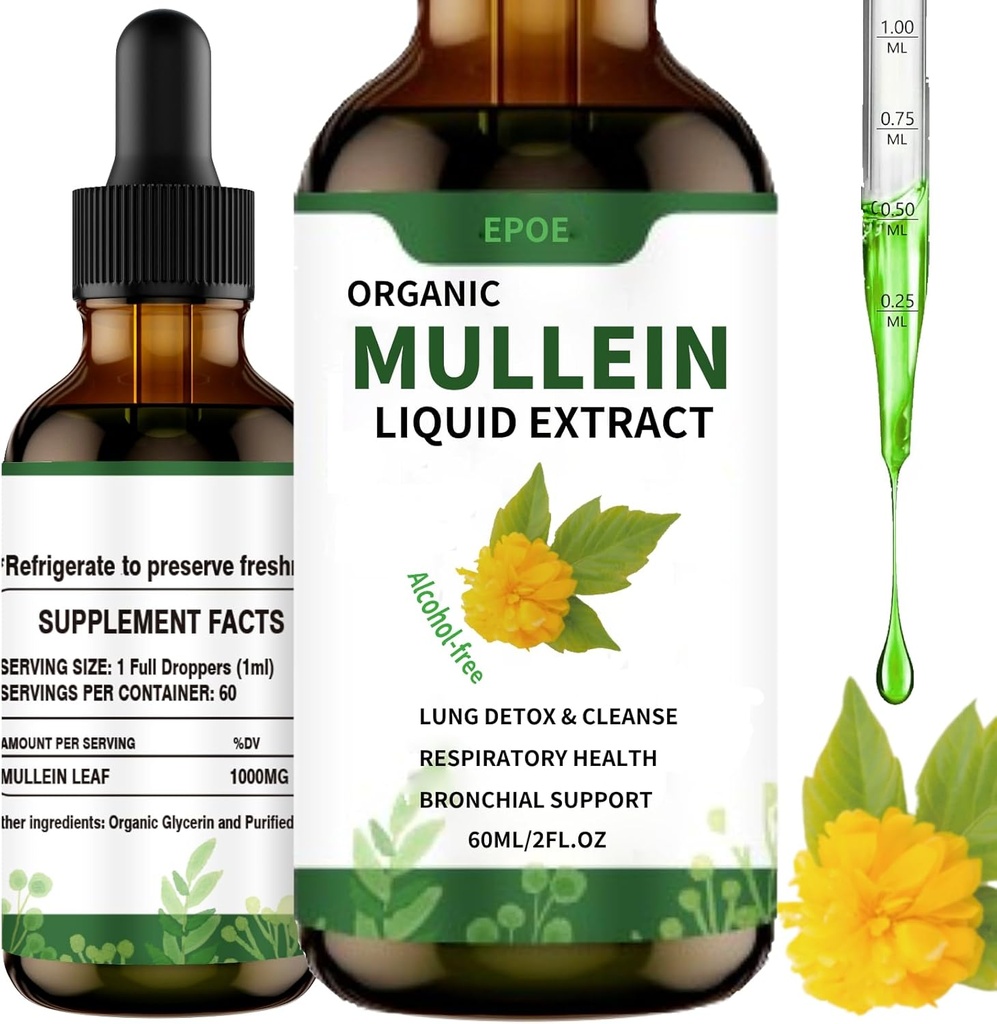Liquid Kapky s Mullein Leaf, Mullein Kapky pro Plíce Organic Respirate Booster Alkohol zdarma, Lung Clearse pro imunitní a respirační podporu zdraví, bílá
