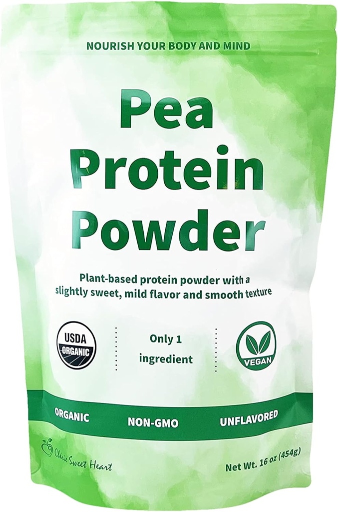 Cherie Sweet Heart Organic Pea Protein Powder 1 LB, 100% non-GMO, Dairy- Free, Keto- Friendly, Gluten- Free, Soy- Free, Plant- based Protein