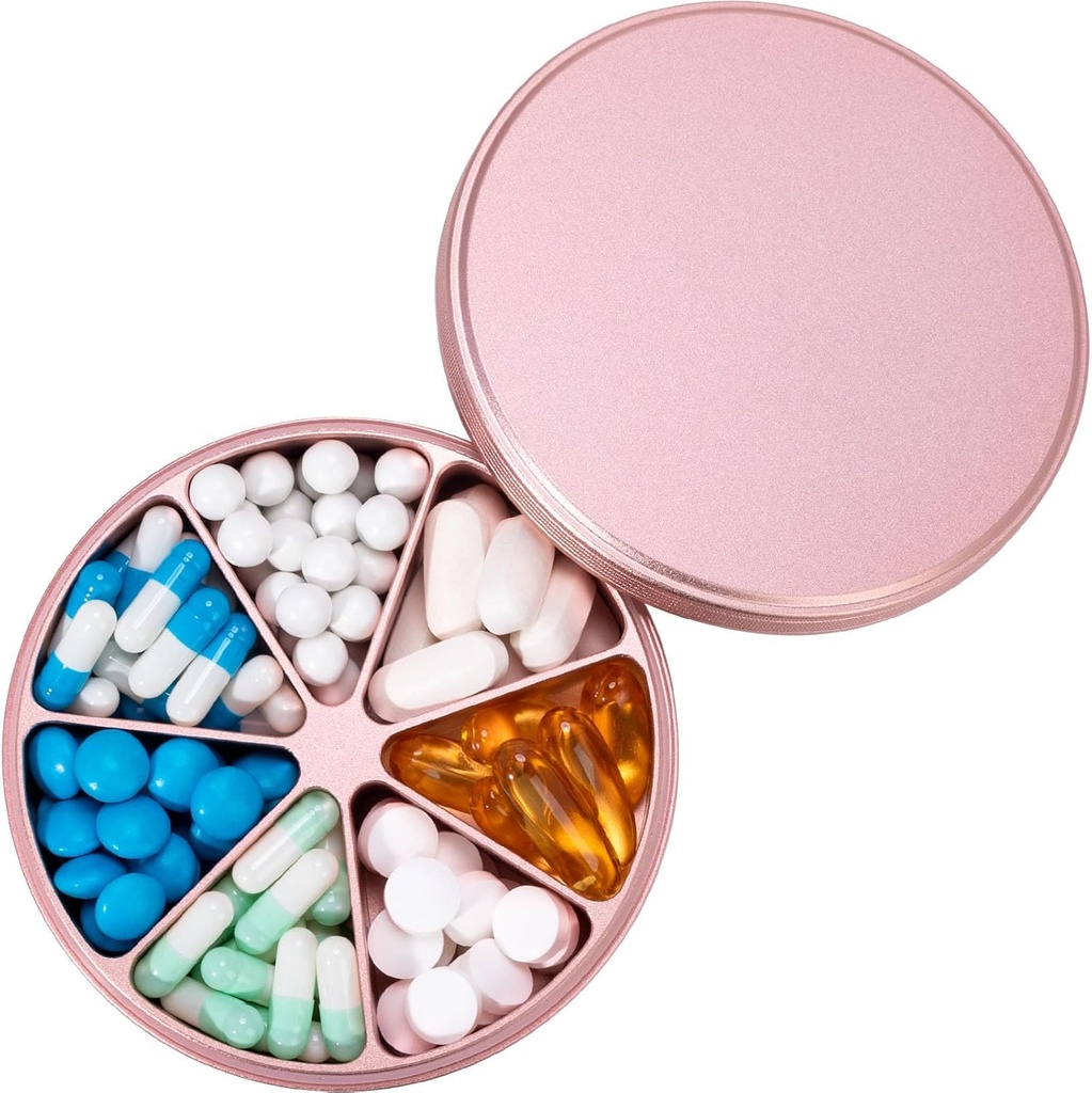 Metal Pill Organizátor 7 Compartments Pill Dispenser - Heavy Duty Pill Box Waterproof Pill Container Large Daily Pill Case Medicine Holder pro léky Vitamíny Rybí oleje doplňky, 0.39lb (růžová)