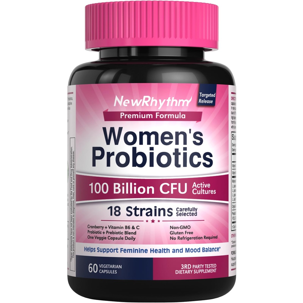 Newrhythm Probiotika pro ženy, P-5-P, Vitamin C & Organic Cranberry, 100 Miliardy CFU 18 Stravovací, Prebiotika & Vaginální Probiotika pro dietní zdraví & PH Balance, 60 Kapsle, No Dairy