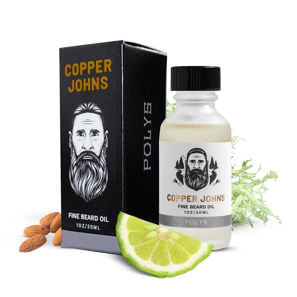Copper Johns Premium Beard Oil for Men - Přírodní vzorec s Jojobou & Castor Oil - Lehký Non- Greasy Beard Moisturizer - Softens, Hydrates & Tames Frizz - Polys- Bergamot & Cherry Almond 1 oz
