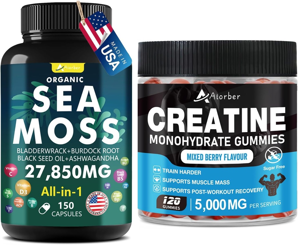 Moss Moss & Creatine Monohydrát Gummies Bundle 270 Počet - Organic Moss Black Seed Oil Aşhwagandha Ginger & Creatine Monohydrát (2 balení)