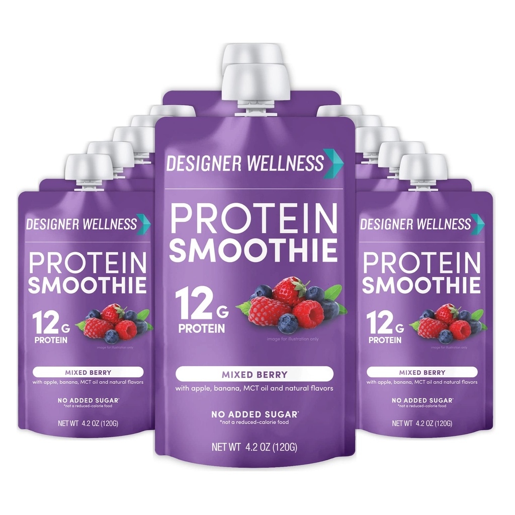 Designer Wellness Protein Smoothie, Real Fruit, 12g Protein, Low Carb, Zero Added Sugar, Gluten- Free, Non- GMO, No umělé barvy nebo aromata, Smíšené Berry, 12 Počet