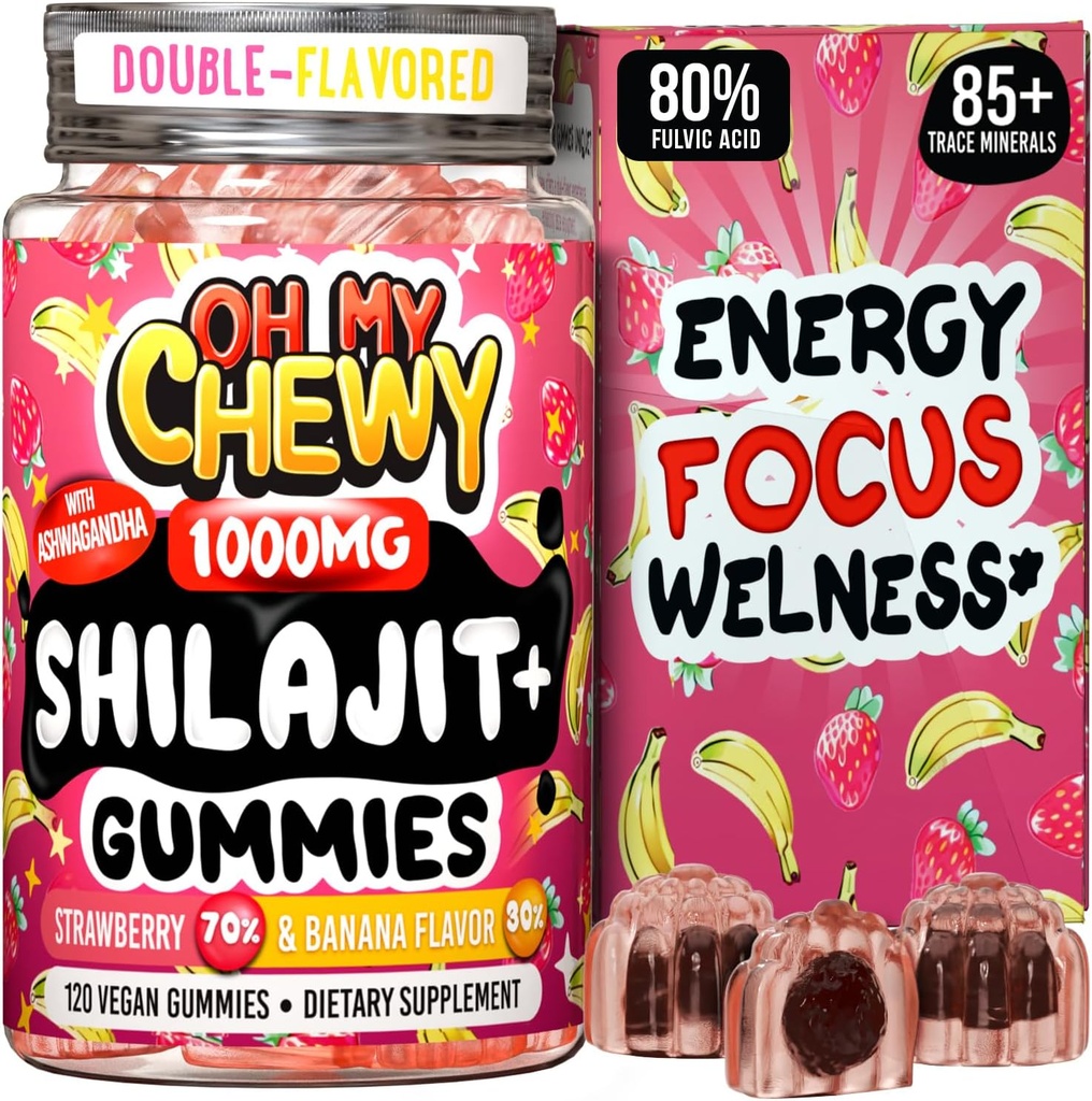 Čisté himalájské shilajit gummies - High potency Gold Grade Resin - Energy Boost a imunitní podpora pro muže a ženy s Ashwagandha a Shatavari - 120 Gummy - Strawberry & Banana