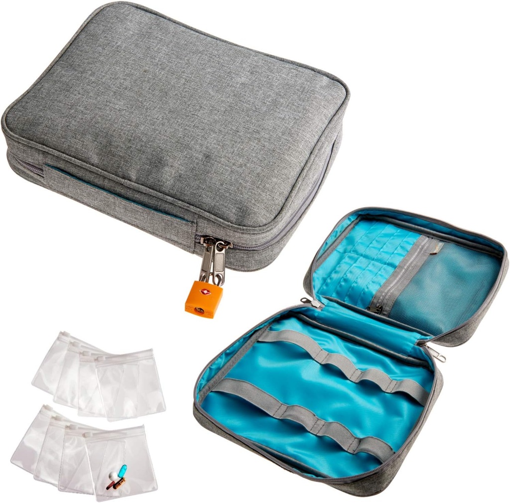 Smooth Trip Medicine Storage Bag and Medication Bottle Organizer - Slash- Resistent Medical Travel Bag with Food Study Reuse Pill Pouches - Slim Design Fits in Carryons, Totes and Backpack
