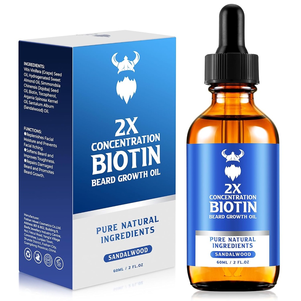 Vous Růstový olej - 2X Koncentrace Biotin Beard Oil pro muže (2 oz) - Přírodní Mens Beard Oil s arganovým olejem, Jojobový olej a vitamin, Vous Růstový změkčovač, Moisturizer (Sandalwood)
