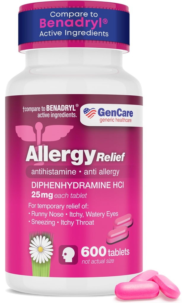 GenCare - Allerics Relief Medicine C124; Antihistaminium Difenhydramine 25mg (600 tablet per Bottle) Hodnota balení 124; Relieve for Itchy Eyes, Nneezing, Runny Nose C124; Sezonní nebo vnitřní a venkovní alergie