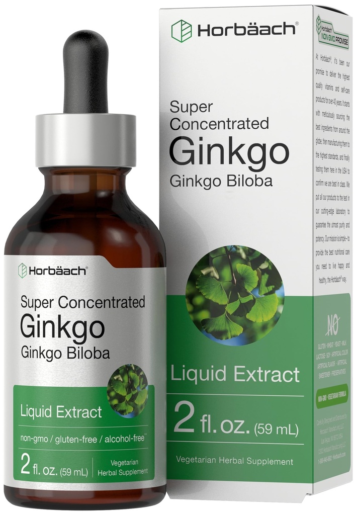 Horbäach Ginkgo Biloba Extract Liquid 2 fl oz curren124; Alcohol- Free Herb dodatek current 124; Vegetarian, Non- GMO, gluten zdarma