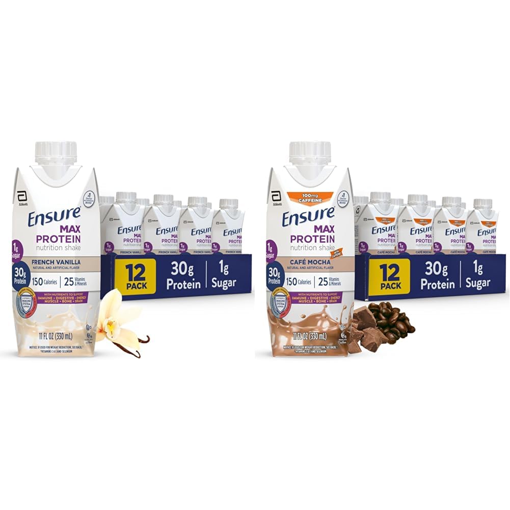 Zajistit Max Protein Nutrition Shake s 30g bílkovin, 1g cukru, High Protein Shake, French Vanilla & Cafe Mocha, Liquid, 11 fl oz (balení po 12) Bundle