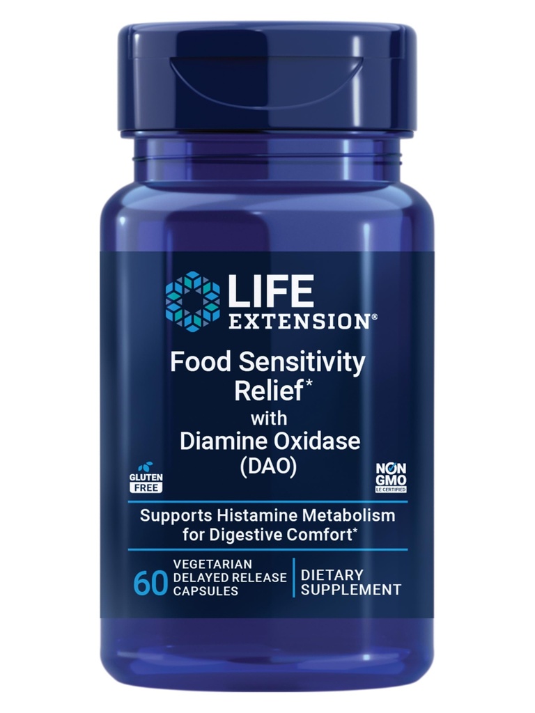 Life Extension Food Sensitivity Relief with Diamine Oxidase (DAO), Occasional Gas, Digestive Comfort, histamine Sensitivity, DAO Enzyme Supplement, Gluten Free, Non- GMO, Vegetarian, 60 Kapsle