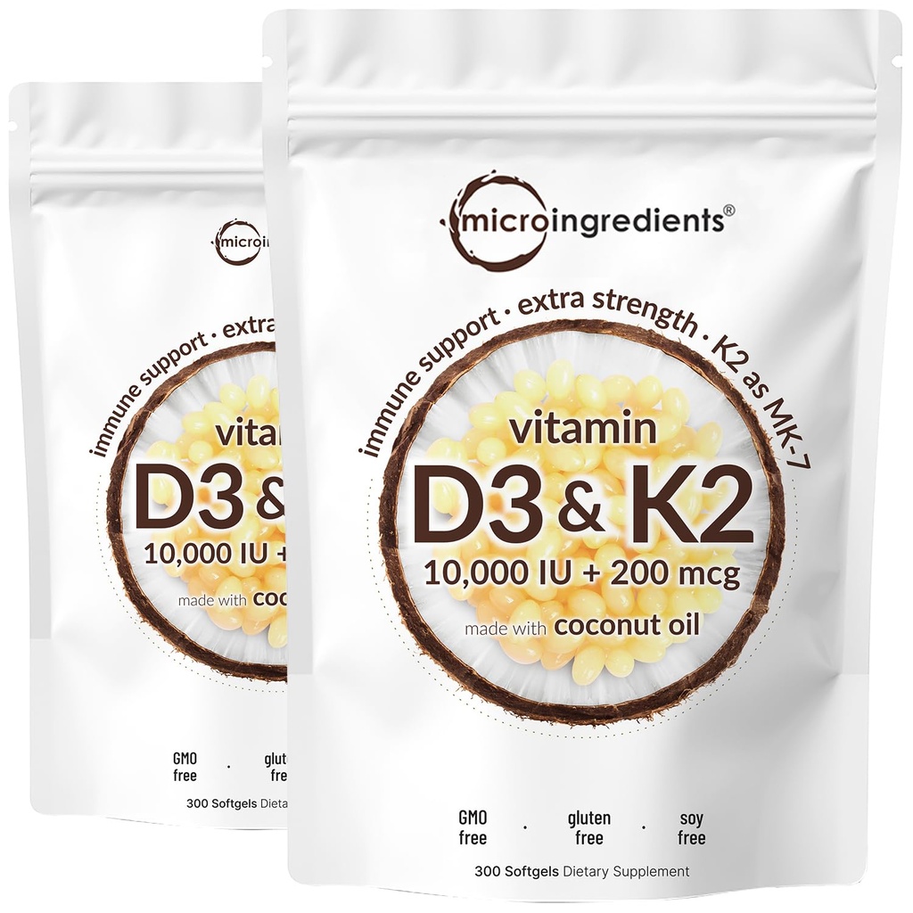 2 Pack vitamin D3 10000 iu Plus K2 (MK-7) 200 mcg, 300 Panenský kokosový olej Softgels 124; 2 v 1 Vitamíny D & K Komplexní 124; Podporuje absorpci vápníku, kosti, imunitní, a srdce zdraví - snadno polykat