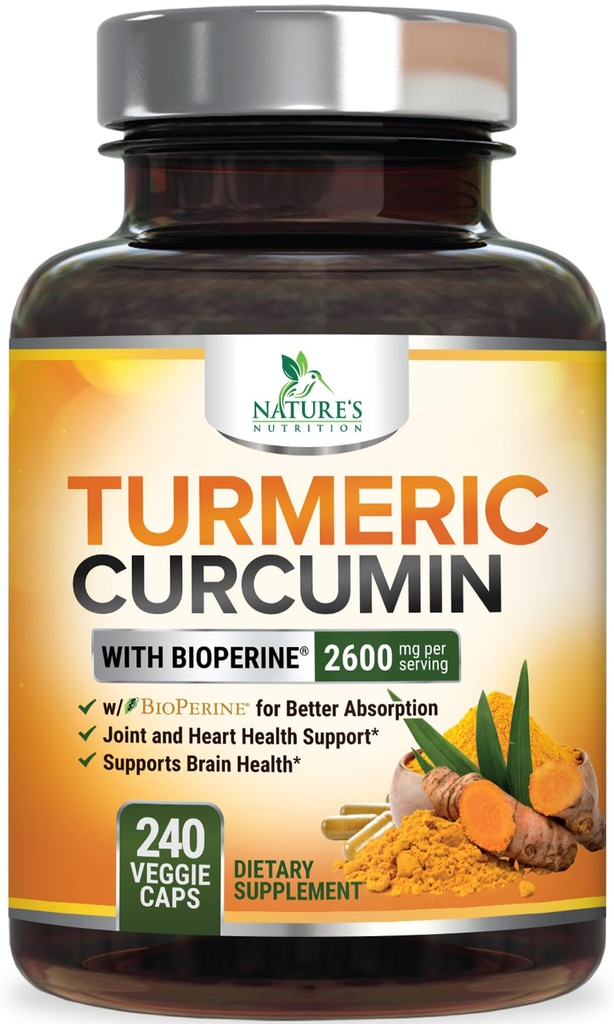 Kurkumin dodatek 2600mg - 95% kurkuminoidy s organickou kurkumou & BioPerine Black Pepper Extract pro nejlepší absorpci, Natural Vegan Joint Support, Non- GMO, Lahvička v USA - 240 Kapsle