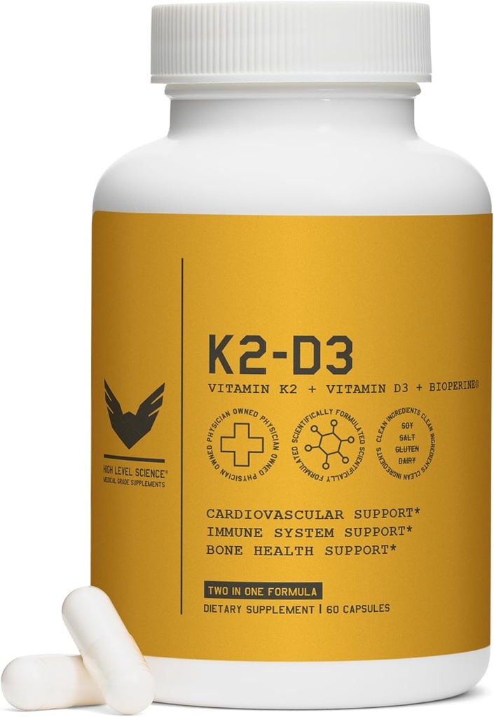Vysoký stupeň K2D3, vitamin K2 & D3 dodatek s BioPerine Black Pepper, Dual Action Complex pro srdce, kost, imunitní podpora, 5000 IU D3, 100 mcg K2, Vegetarian, 60 Veggie Kapsle