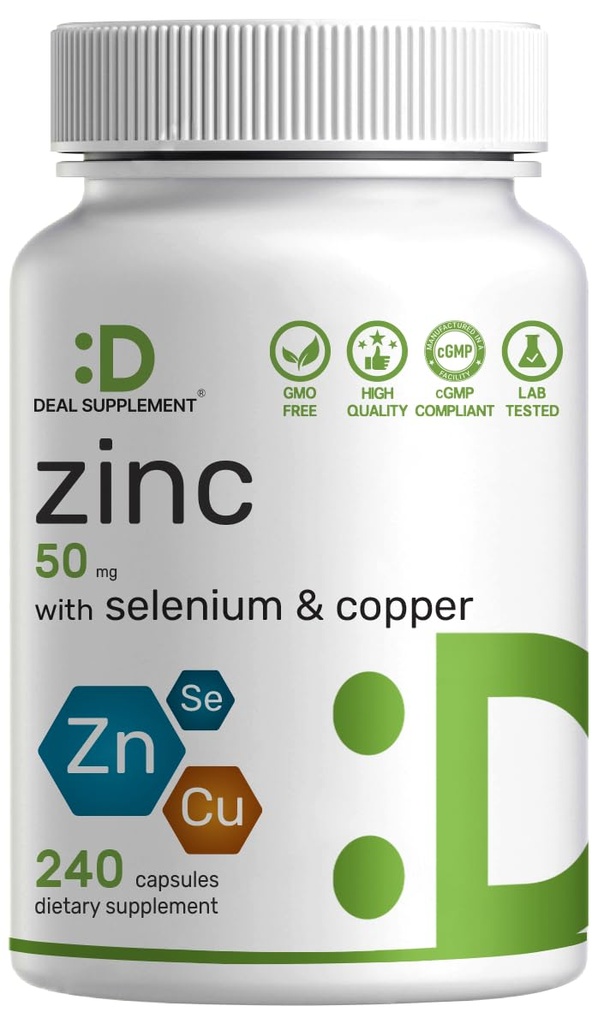 Deal dodatek Zinek 50 mg se selen + měď, 240 Kapsle, 8 Měsíční dodávka, 3 v 1 Minerální vzorec, Zinek Pikolinát Complex Dodatek, Podporuje zdravý imunitní systém pro dospělé a děti