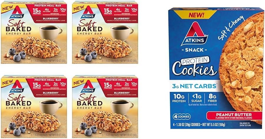 Atkins Soft Pečené energetické bary, borůvky, 15g protein, 2g cukr, vynikající zdroj a arašídové máslo protein cookie, protein dezert, bohatý na fiber, 3g čistý karb, 1g cukr