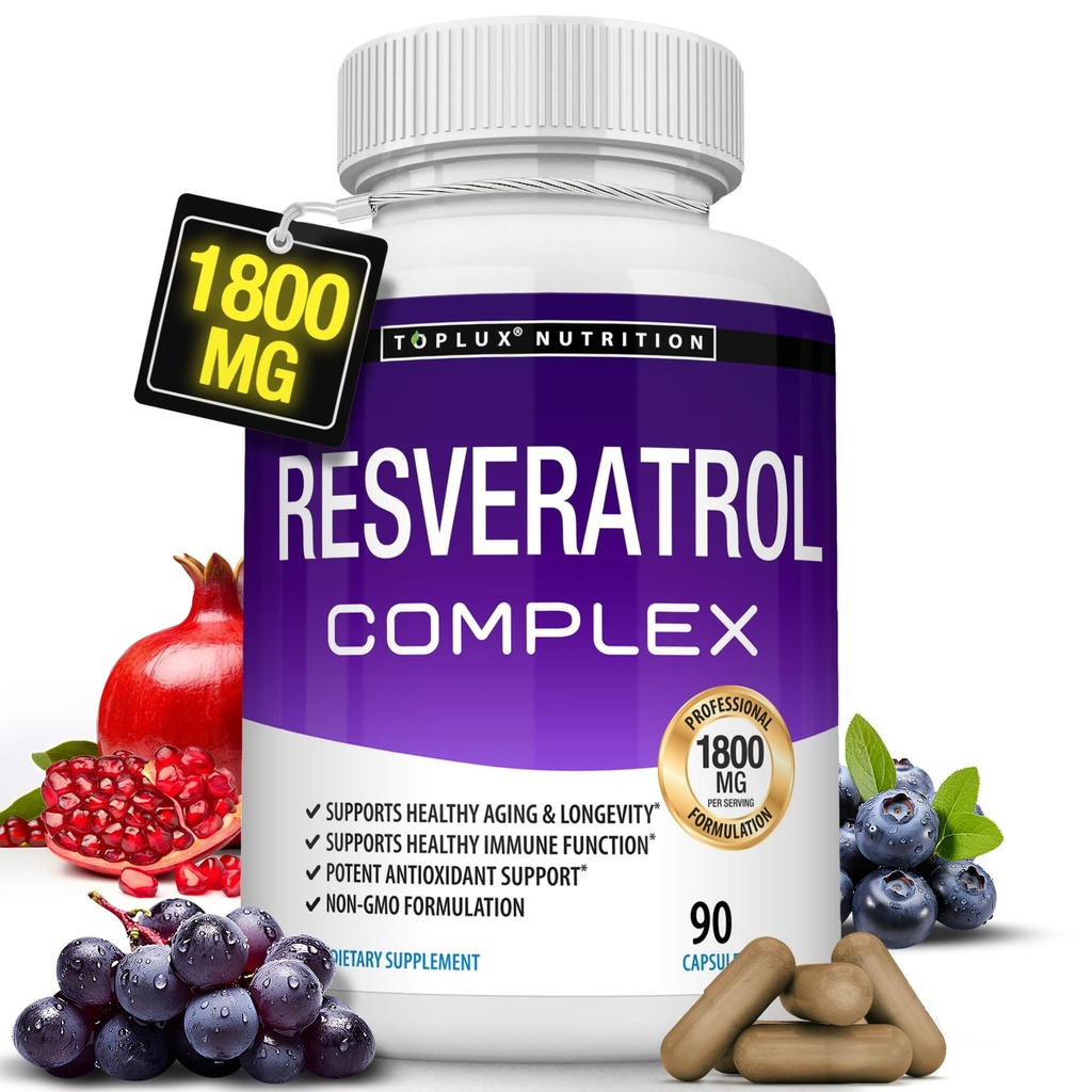 Resveratrol Dodatek 1800 mg Antioxidant Complex - Vysoce potentní přírodní trans- Resveratrol pilulky pro zdravé stárnutí, Celková podpora zdraví, imunitní systém, funkce mozku, pro muže ženy, 90 Kapsle