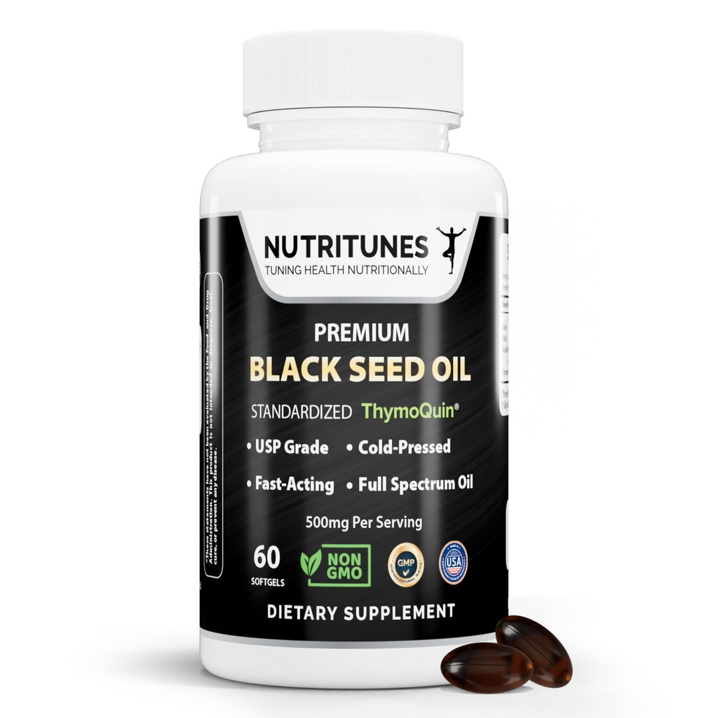 Black Seed Oil 3% Thymoquinone Standardizované - Klinicky Studium, USP stupeň, Cold- Pressed Nigella Sativa ThymoQuin, Non- GMO - 60 Softgels