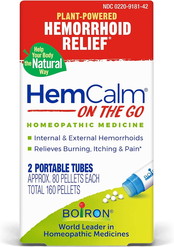 Boiron HemCalm On The Go Travel Essential for Hemeroid Relief of Pain, Svědění, Otok nebo nepohodlí - 2 Počet (160 Pelety)