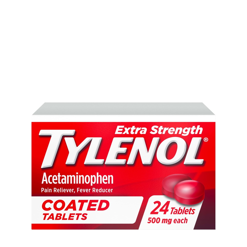 Tylenol Extra Strength Pain Reliever & Fever Reducer, kulaté potahované tablety, 500 mg Acetaminofen Pain Relief pilulky na bolest hlavy, bolest zubů a menší arteritida Bolest, 24 ct