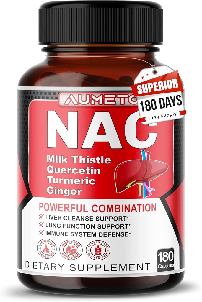 Nac dodatek N-Acetyl-L-cystein - Vylepšený s mléčným thistle + Quercetin pro optimální imunitu, dýchací, jaterní wellness (180 Počet (balení po 1))