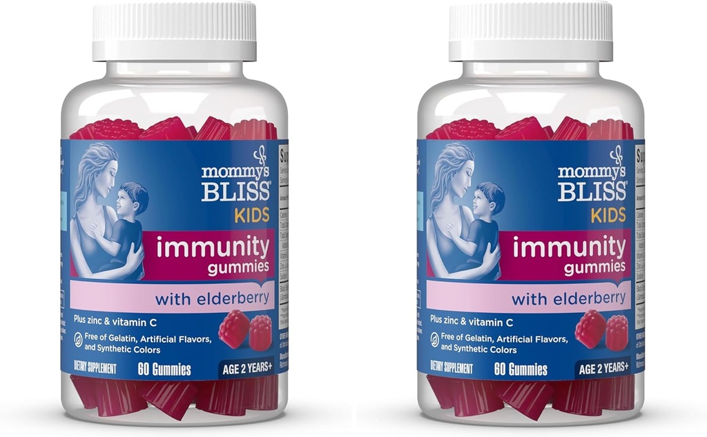 Mamina je Bliss děti Elderberry Gummies, podporuje imunitu s Black Elderberry, zinek a vitamín C, gluten zdarma & Vegan, věk 2 roky + (60 Počet) (balení po 2)
