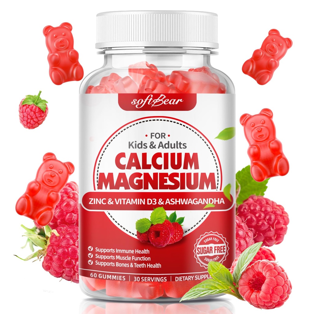 softbear hořčík hořčík zinek gumy pro ženy, vápník hořčík dodatek s vitamínem D3 pro sílu kostí, Vegan / Sugar- bez, Malina Flavor 60 Počet