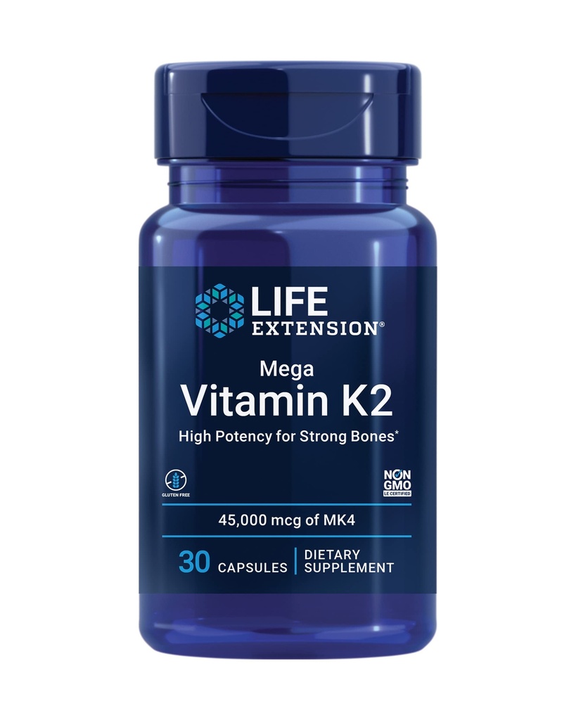 Life Extension Mega Vitamin K2 High potence pro silné kosti, klinicky studoval 45 mg K2 dávkování, podporuje zdravou hustotu kostí, gluten- free, Non- GMO, 30 Kapsle