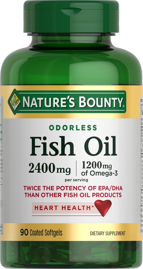Příroda 's Bounty Odorless Fish Oil, 1200mg Omega33 per Serving including EPA & DHA, Podporuje srdce zdraví, Čištění k odstranění rtuti, Coated Softgels, Gluten Free, No Shellfish, 90 Ct
