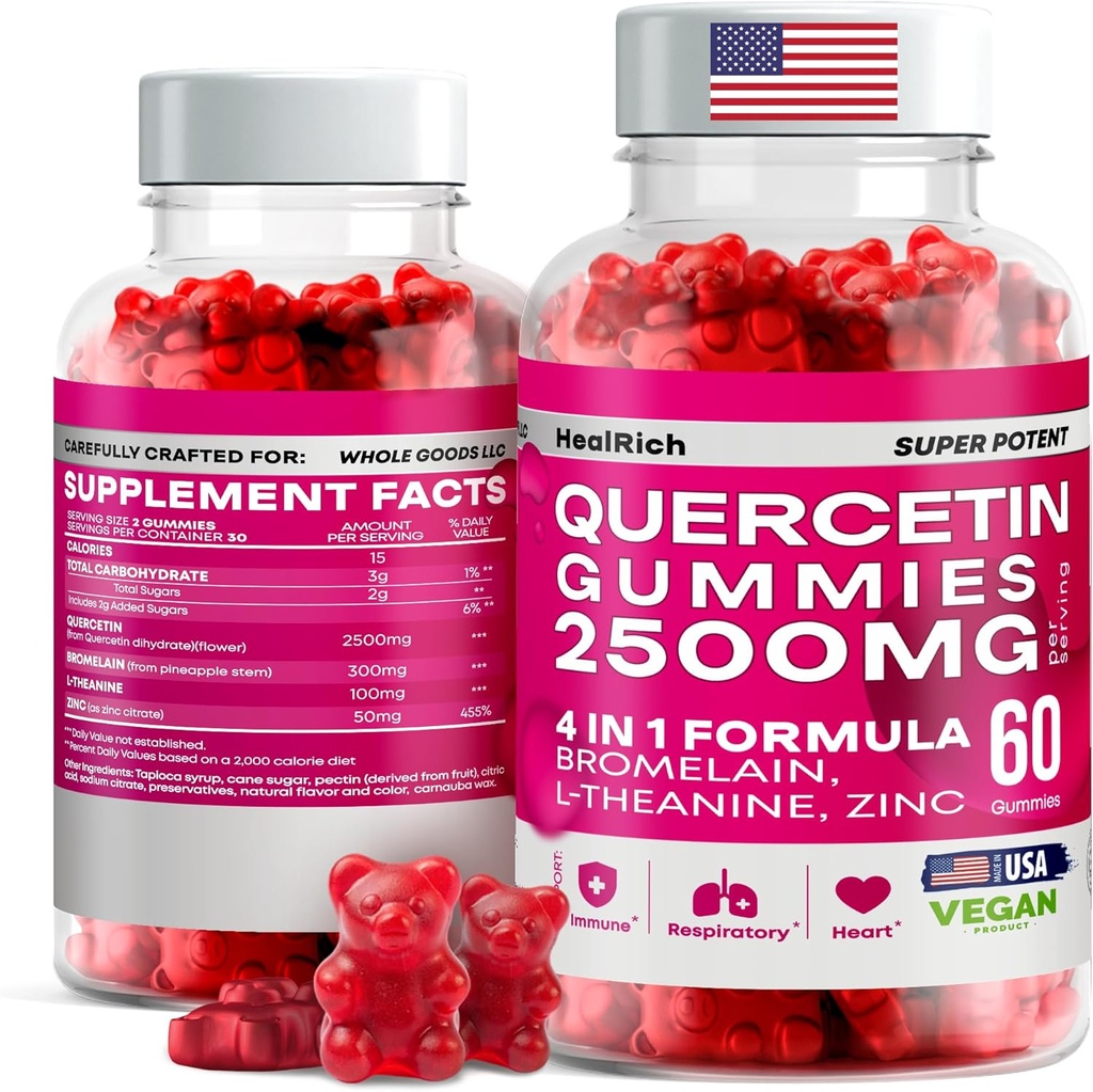 Quercetin Gummies - 2500MG s Bromelain, L-Theanine - Imunitní podpora Gummies Alergie Relief & Lung Zdraví pro děti a dospělé