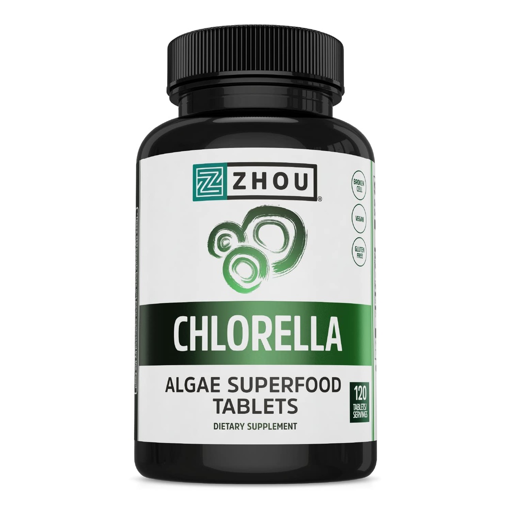 Zhou Chlorella Tablets - Chlorella dodatek, Chlorofyl Vitamíny, Čisté zelené řasy Superfood, Nutrient Rich Super Food Pills, Broken Cell Wall - 120 Vegan Tablety