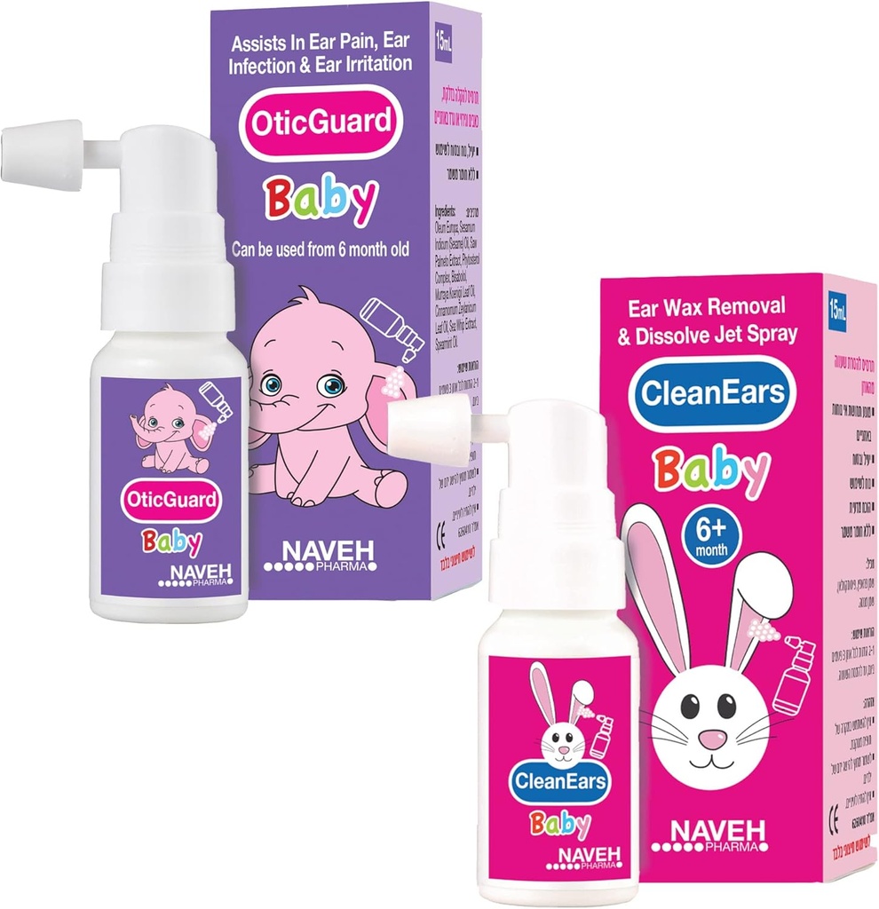 1 Unit Naveh Pharma CleanEars Baby Earwax Odstranění Earwax Spray 1 Fl Oz + 1 Unit of NAVEH PHARMA Otic Guard Baby Ear Infection Spray 0.5 Fl Oz