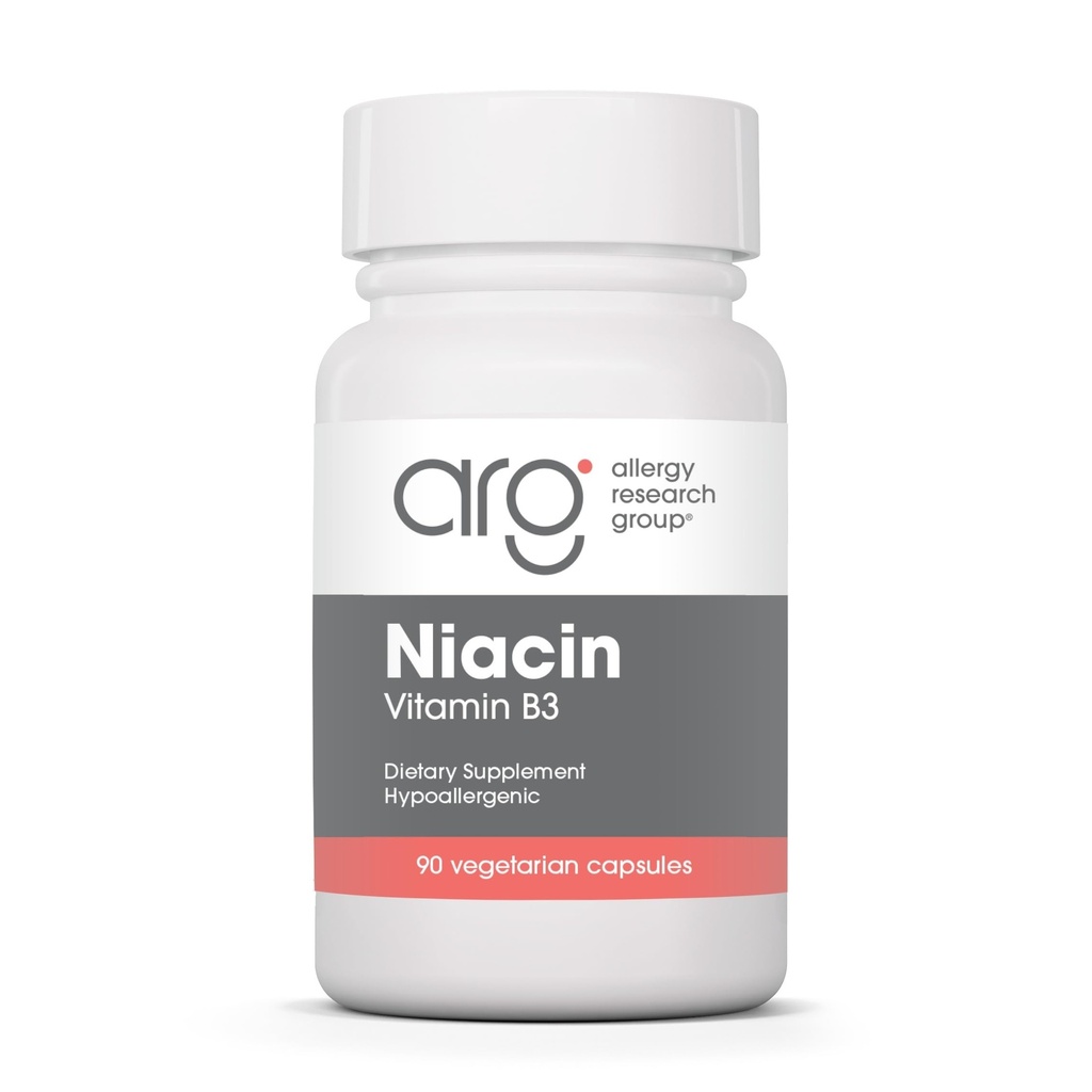 Alergie Research Group Niacin dodatek - Vitamin B3 pro muže a ženy, Niacin s flush, Nikotinová kyselina, NAD, 250mg Vegetariánské kapsle - 90 Počet