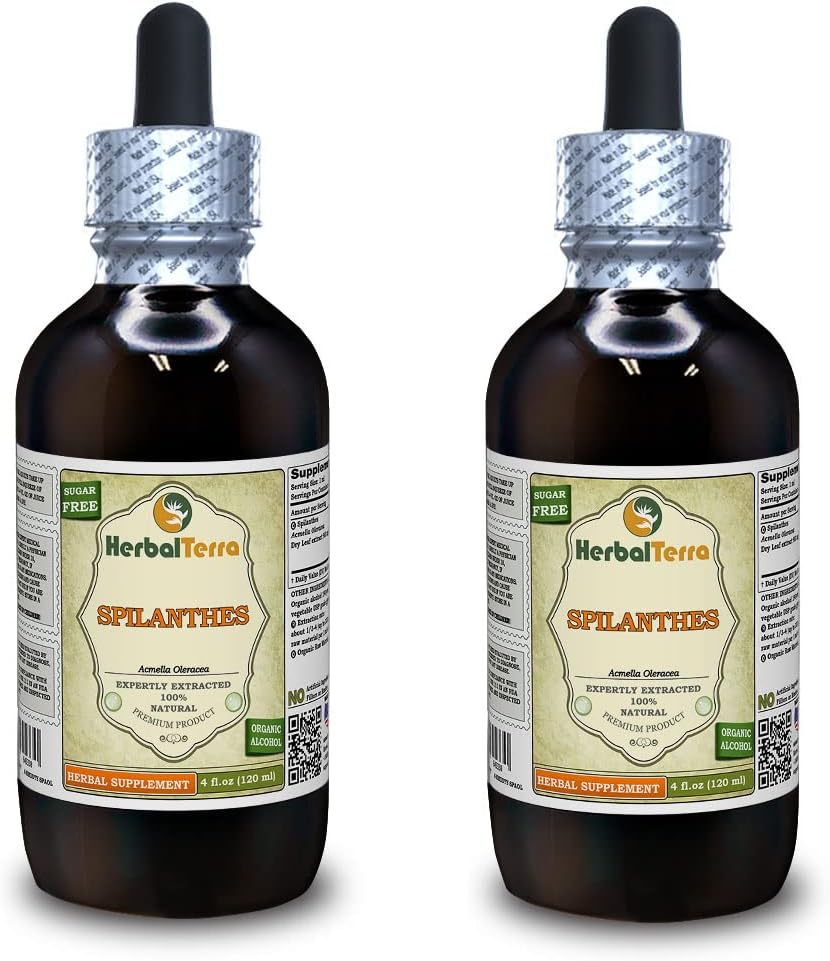 Spilanthes (Acmella oleracea) tinktura, organické sušené listy, květiny a stonky tekutý extrakt (značka: HerbalTerra, Prooudly Made in USA) 2x4 fl.oz (2x120 ml)