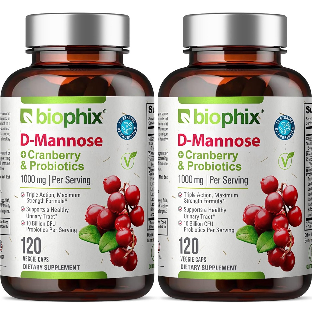 biophix D- Mannose 1000mg Kapsle s Cranberry & Probiotika - D Mannose doplňky pro ženy - D- Mannose pilulky pro močový trakt a močové měchýře Podpora zdraví - Digestivní Well- Being - 120 Vcaps 2 Pack