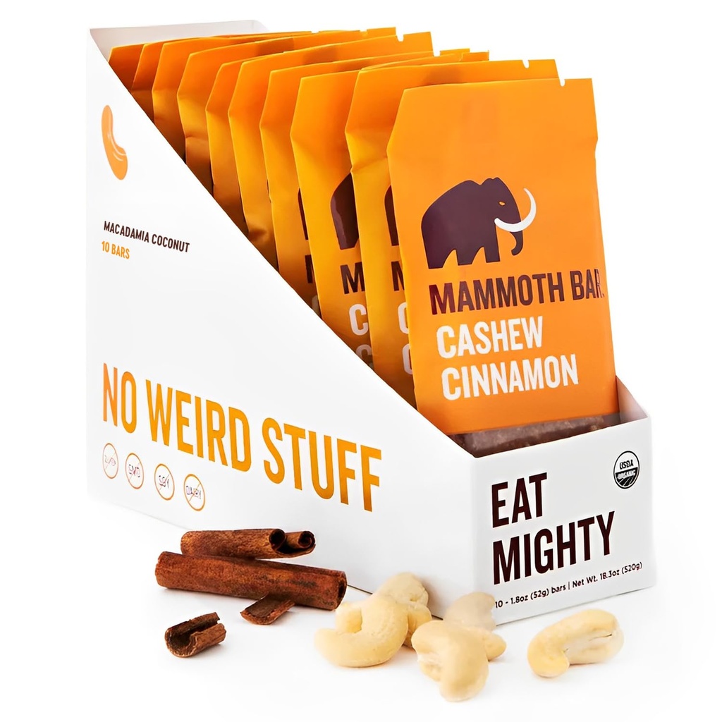 Kešu skořice Bar- Organic, Paleo, gluten Free and Raw by Mammoth Bar, 10-12g Protein, 1.8 Oz. Bar (10 barů)...