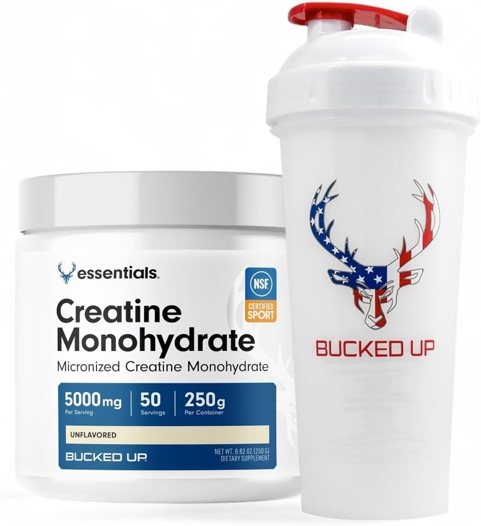 Bucked Up Creatine & Shaker Bundle - Micronized Creatine Powder (250g, 50 Servings) + 28oz Leak- Proof BPA- Free Shaker Bottle for Optimal Mixing