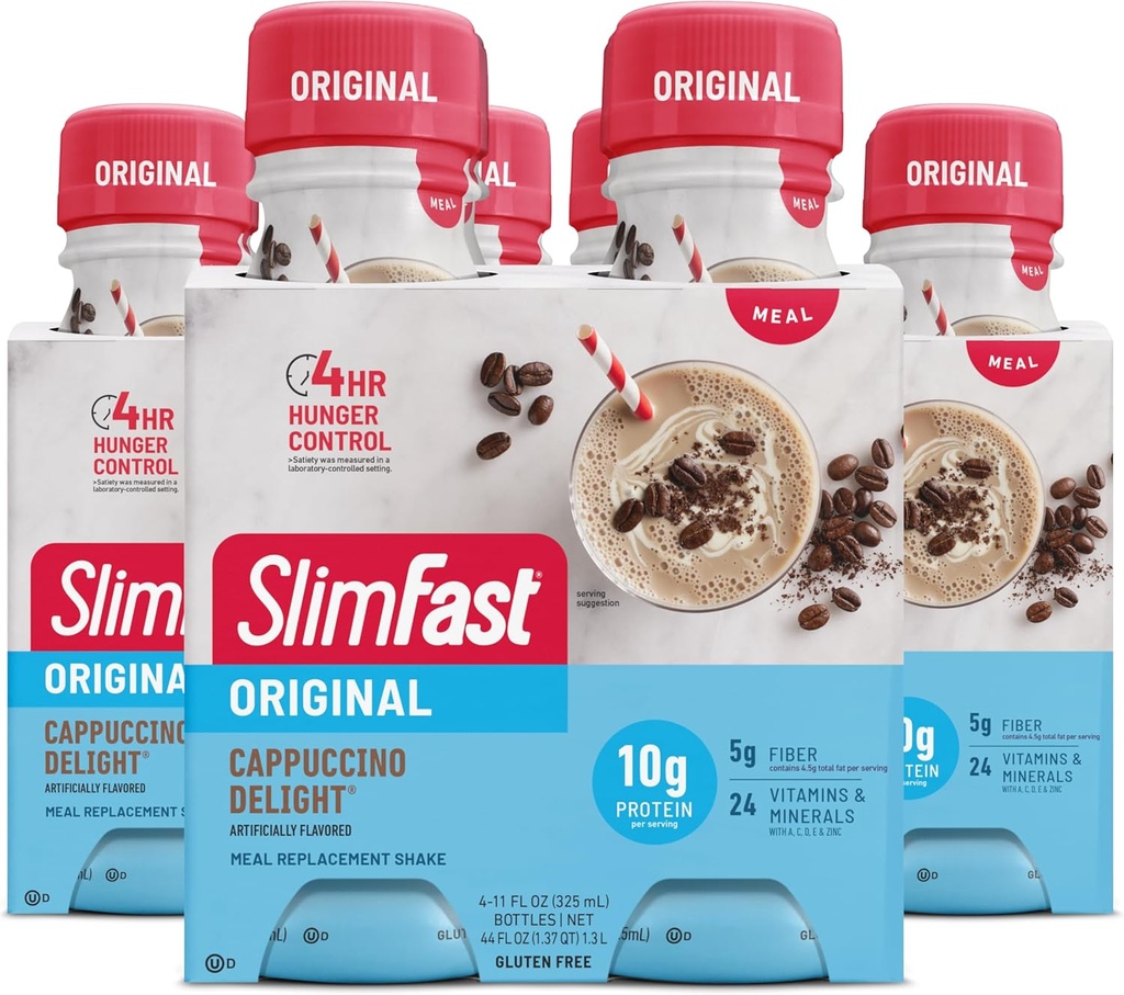 SlimFast Strava Náhradní Shake, Original Cappuccino Delight, 10g připraveného k pití protein pro hubnutí, 11 Fl. Oz láhev, 4 Počet (balení 3) (Balení května Vary)