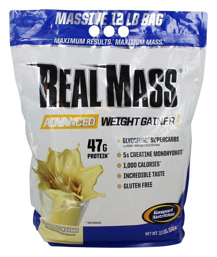Gaspari Nutrition Real Mass: Advanced Weiner, Protein and Complex Carb Blend, 50g Protein, 16g EAA, gluten- Free, 12 liber (Vanilla Milkshake)