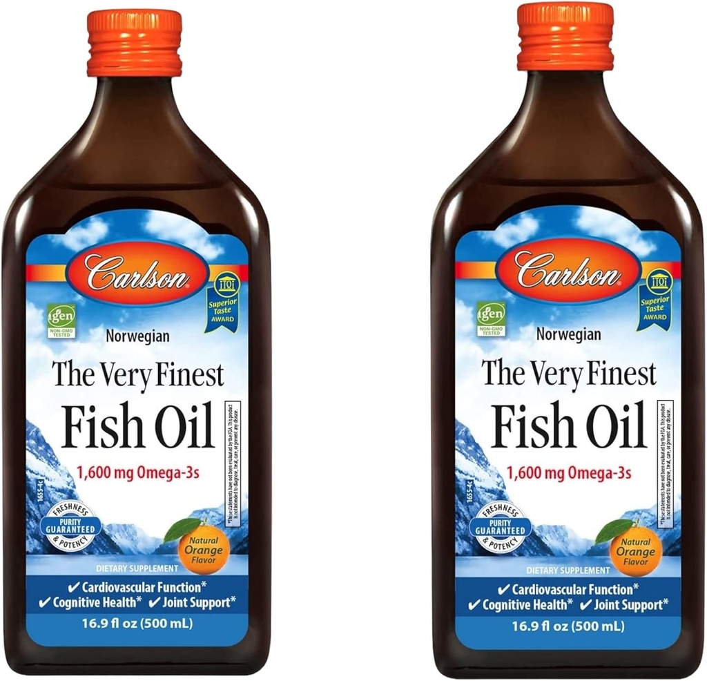 Carlson - Nejjemnější rybí olej, 1600 mg Omega-3s, dodatek k tekutému rybímu oleji, norský rybí olej, Wild- catched, Udržitelně sourced fish oil Liquid, Orange, 16.91 Fl Oz (balení po 2)