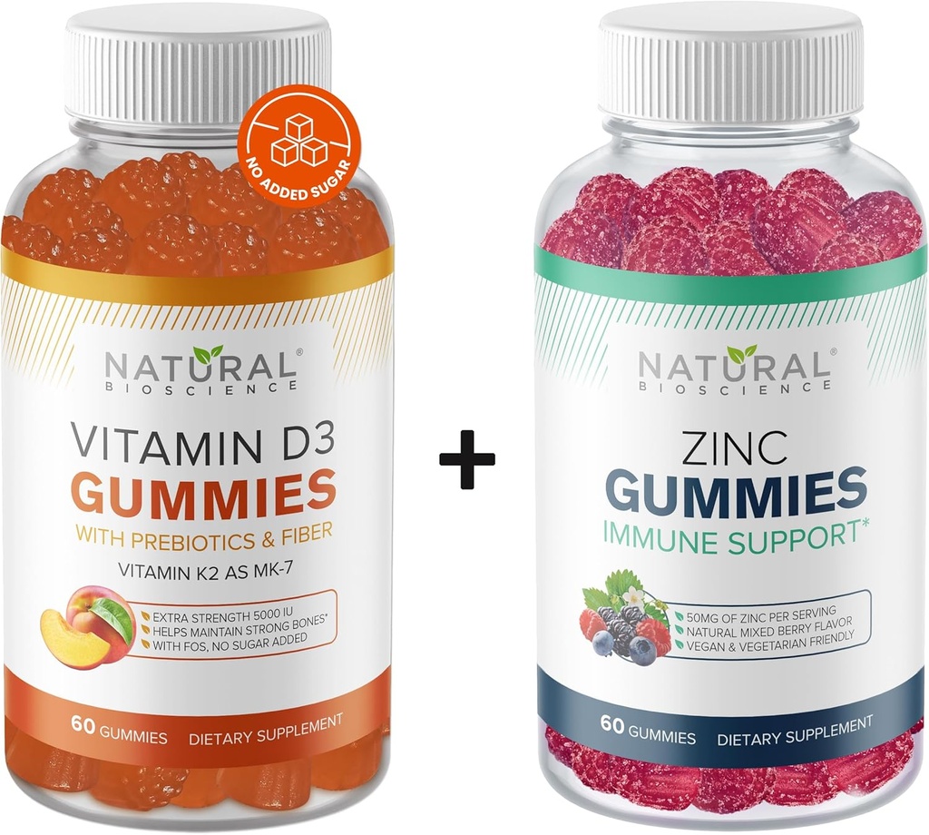 Natural BioScience Sugar Free Vitamin D3 K2 Gummies 5000 IU & zinek Gummies 50 mg, Extra síla, Imunitní podpora, Kostní zdraví, Zdraví srdce, Kožní podpora, 60 Gummy Vitamíny
