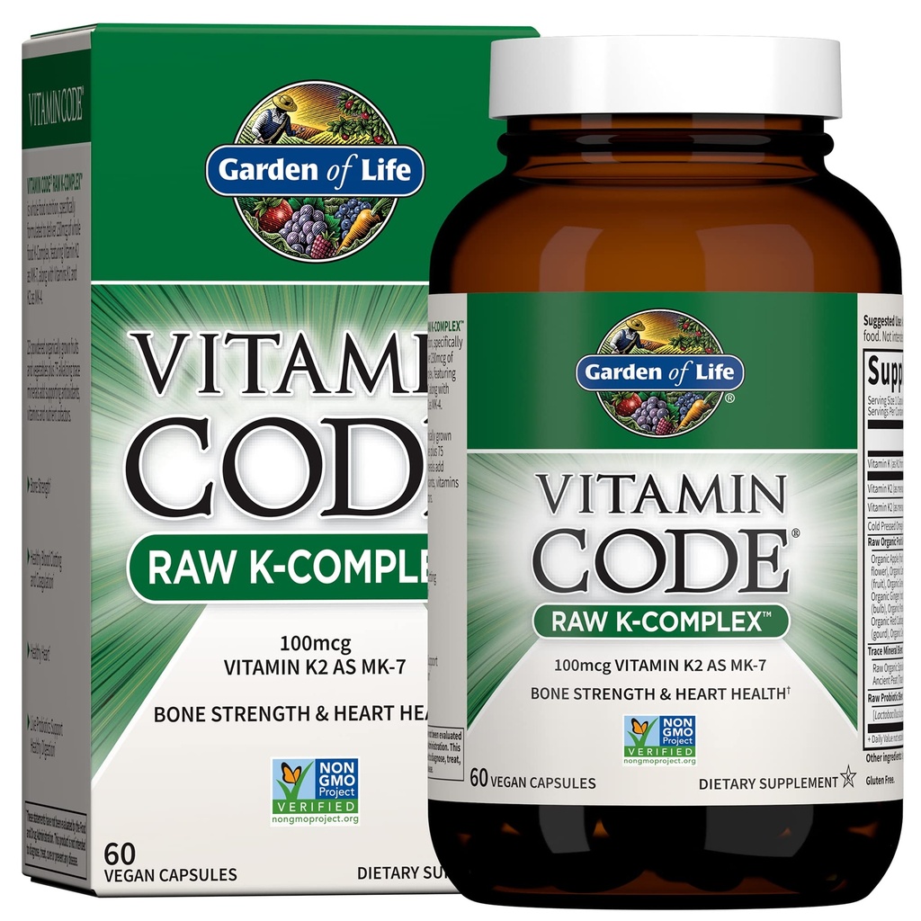 Zahrada života Vitamin K2 a K1, Vitamin kód Vegan K Komplex Vitamin pro sílu kostí a zdraví srdce, Omega bohaté plamen olej, stopové minerály, probiotika, 60 denní zásobování