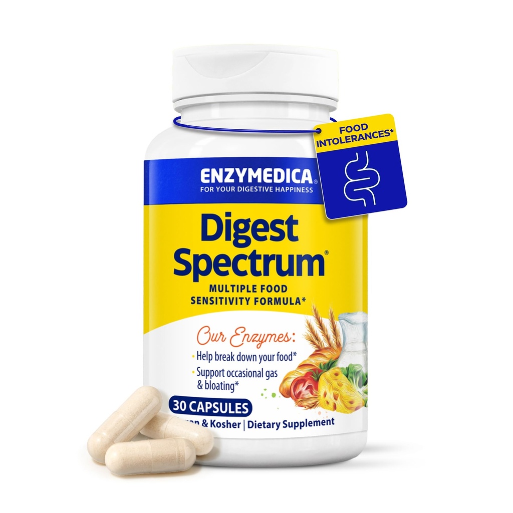 Enzymedica Digest Spectrum, Pokročilé trávicí enzymy pro ženy a muže, Podporuje Digestion a vícenásobné potravinové tolerance, Fast- acting Formule for Gas and Bloating Relief, 30 Kapsle