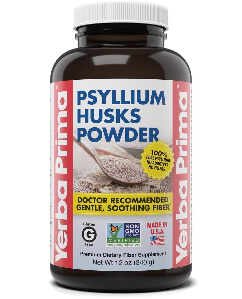 Yerba Prima Psyllium Husks Powder 12 oz - Natural Fiber Supplement - Colon Cleanser - Gut Health - Vegan, Non- GMO, gluten- Free (Nový štítek - Balení květen Vary)