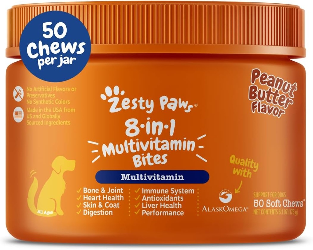 Zesty Paws Dog Multivitamin, Žvýkací Dog Vitamíny a doplňky pro Hip & Joints, kůže & Coat, Omega 3 Fish Oil for Dogs- Senior & Puppy Multivitamin- Butter- 50ct