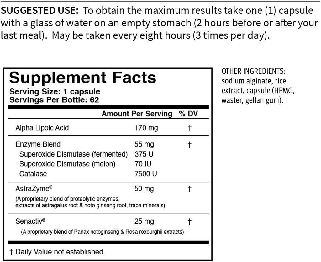 USAEnzymes YOUTHXYM 62 Zpožděné uvolnění Vegetariánské kapsle, Anti- Oxidant Enzyme Dodatek. 170mg kyseliny alfa Lipoic (ALA) + 50mg AstraZyme na zvýšení protein trávení.